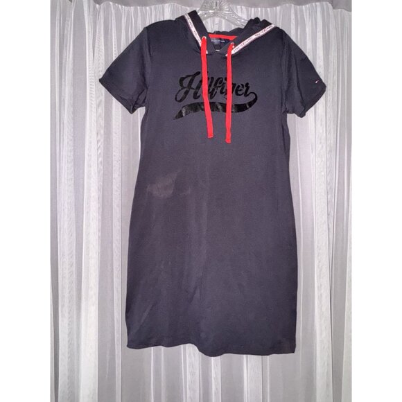 Tommy Hilfiger Navy Blue Logo Hoodie Dress With Red Drawstrings Size M - Picture 5 of 8